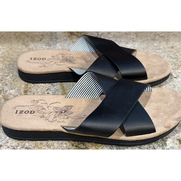 IZOD Sandals Womens 10  Alyssa Faux Leather Criss Cross Strap Slide Black - Picture 2 of 8